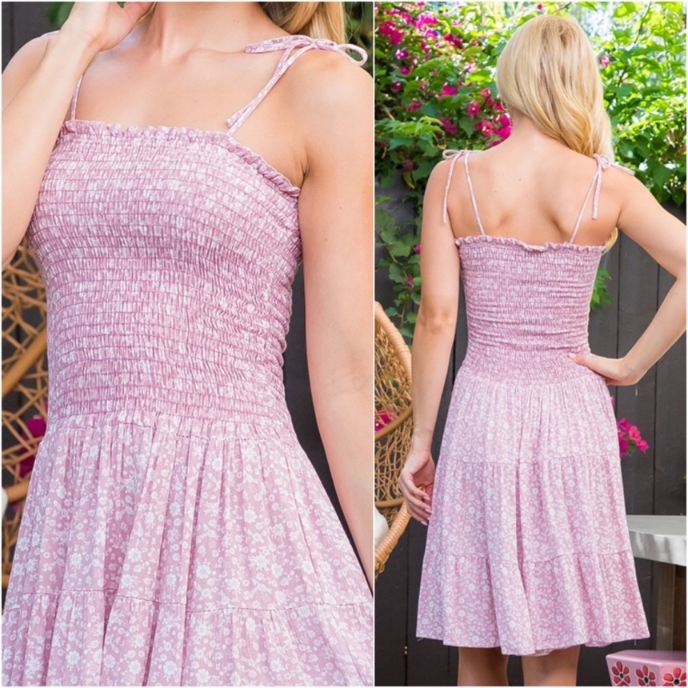 New USA MADE Cinched Stretchy Flowy String Tie Bow Shoulders Spring Dress - Picture 4 of 4